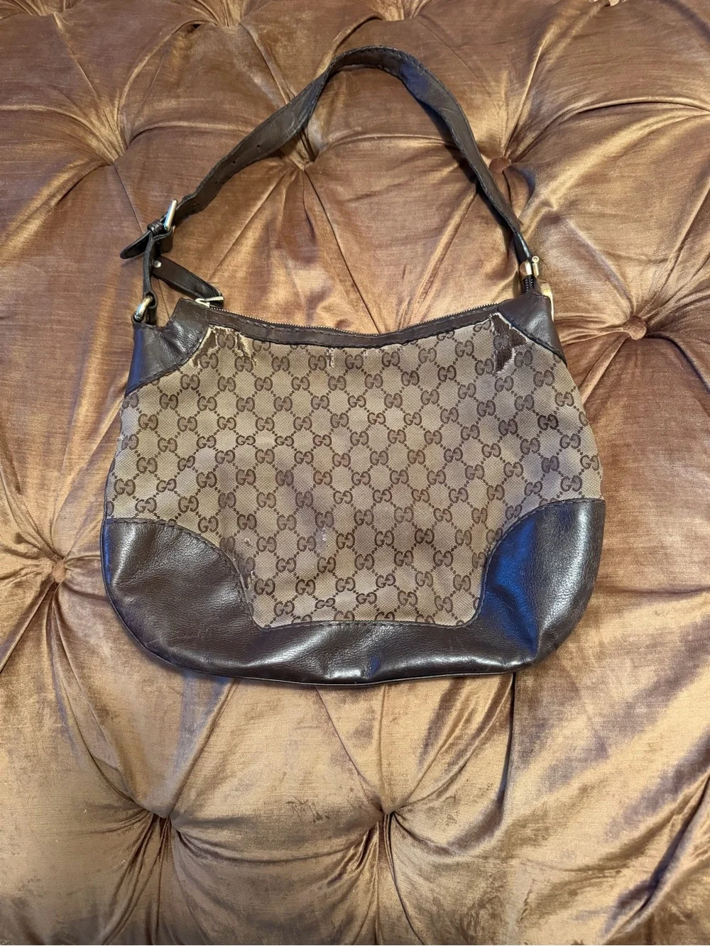 Gucci Beige GG Canvas Hobo with Dark Brown Leather Trim